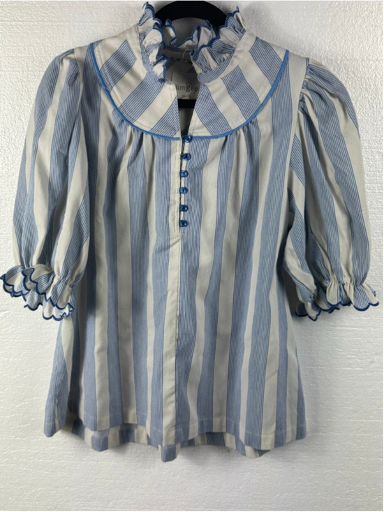 Umgee Tops - Umgee Chic White Blue Striped High Ruffle Neck top size Medium